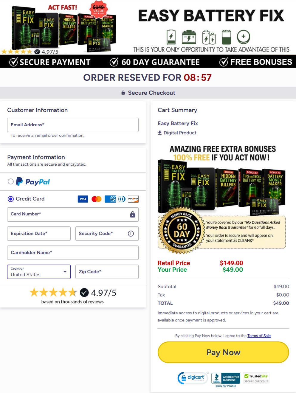 Easy Battery Fix order page